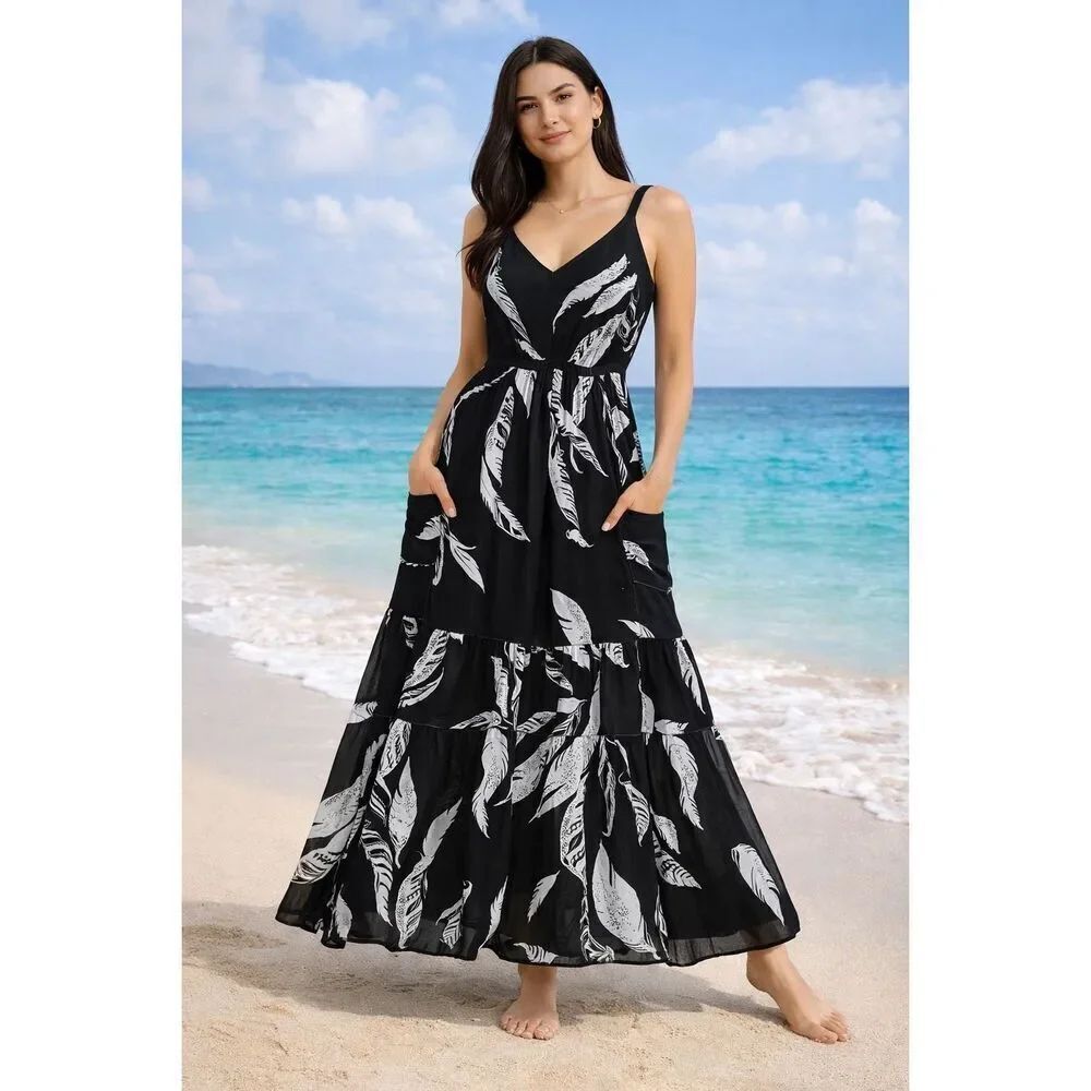 bebe Black White Feather Print Tiered Maxi Dress XS Boho